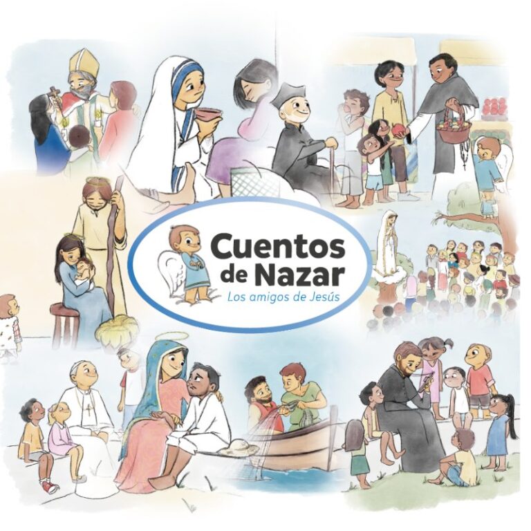 Portada del libro Cuentos de Nazar: Los amigos de Jesús 1, con ilustraciones de santos rodeando el logotipo azul