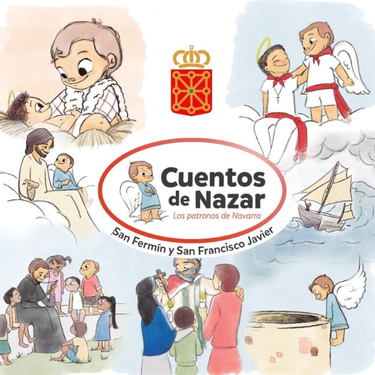 Portada del libro Cuentos de Nazar: Los patronos de Navarra, San Fermín y San Francisco Javier, con el escudo de Navarra
